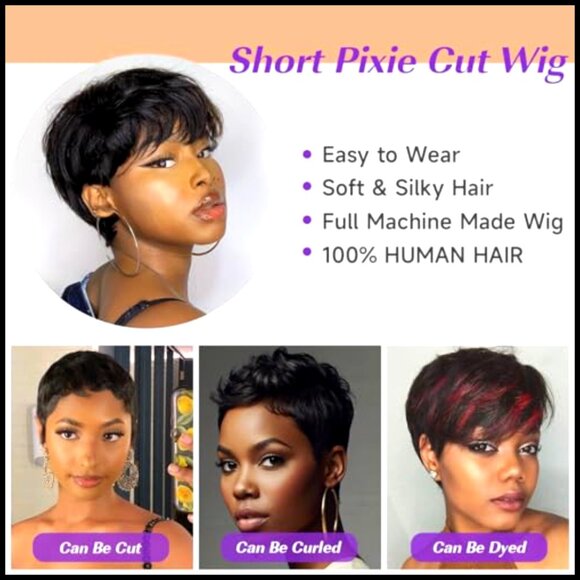 Pixie Cut Human Hair Wig Short Straight With Bangs Glueless Lace Front main image 6
